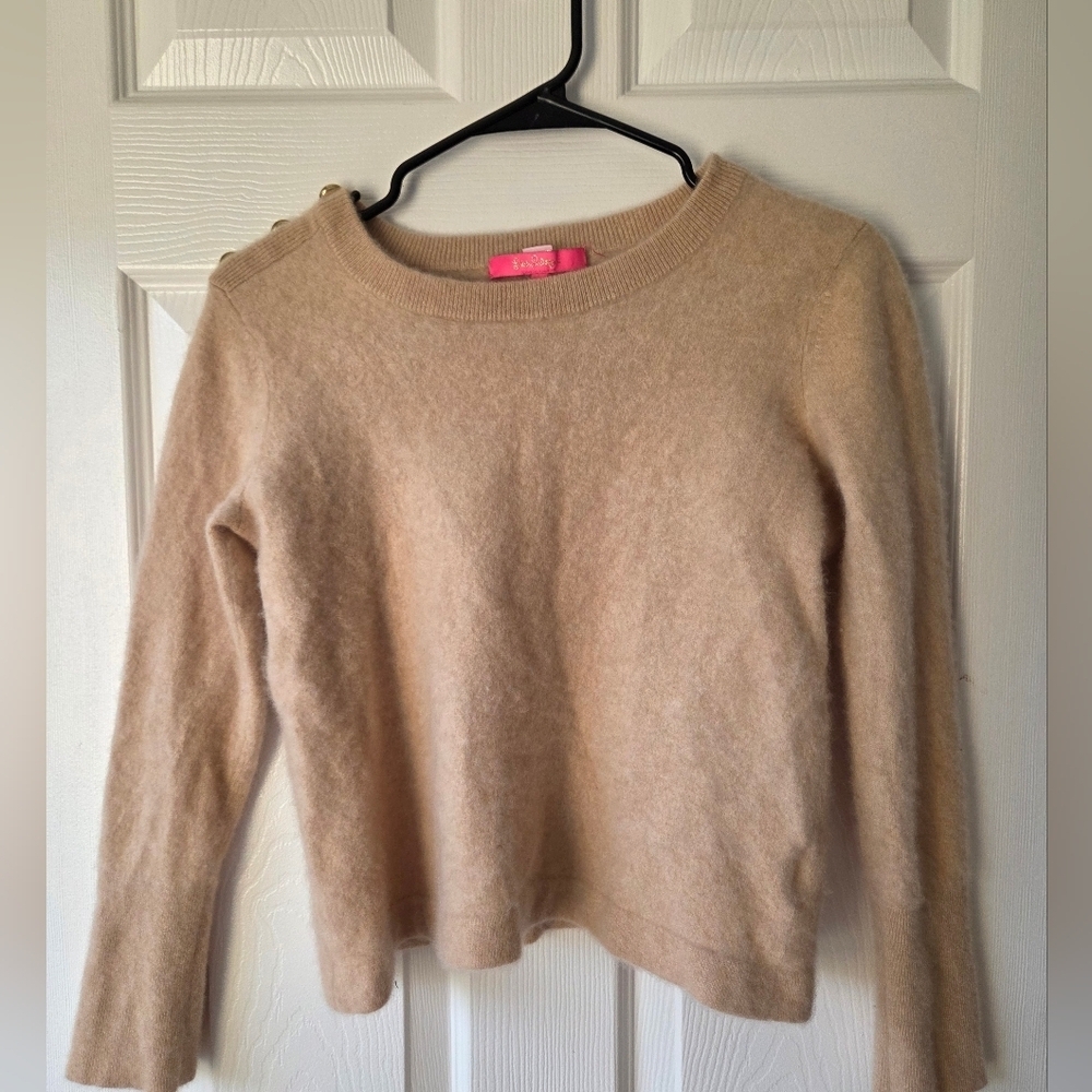 Lilly Pulitzer 100% Cashmere Sweater L Sand Neutral Brinkley Buttoned  $268